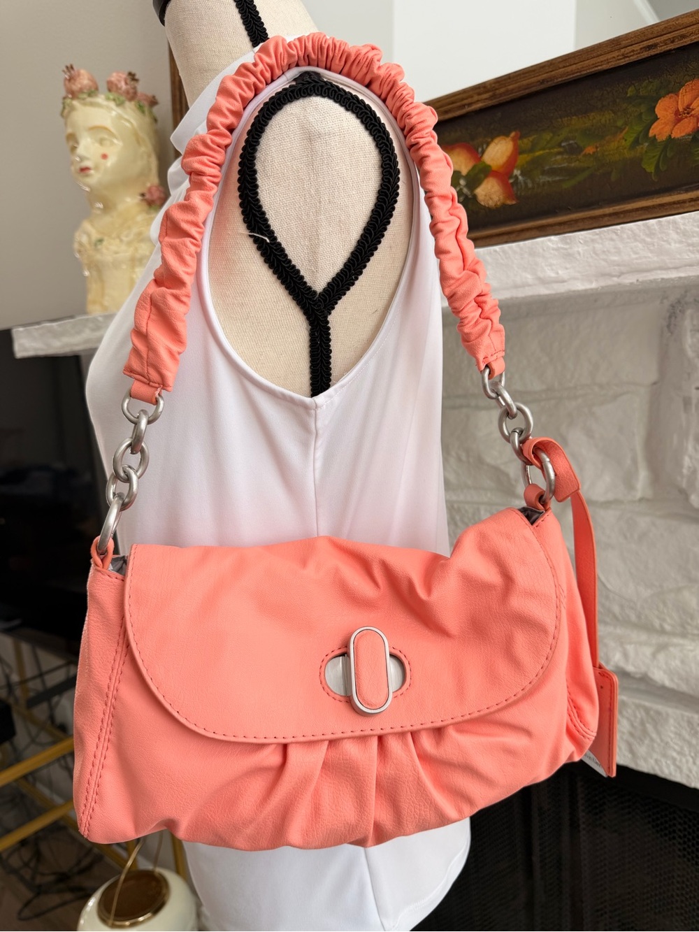Calvin Klein Canna Coral Turnlock Ruched Shoulder Bag Retro Y2K